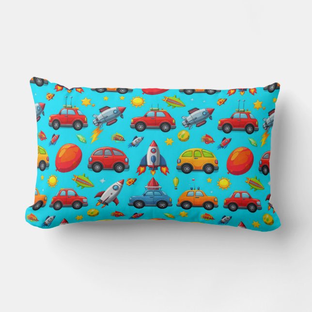 Seamless Pattern of Cars, Rockets, and Stars Lumbar Pillow (Front)