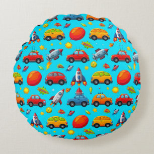 Seamless Pattern of Cars, Rockets, and Stars Round Pillow