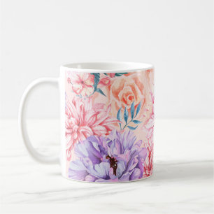 Seamless pattern of chrysanthemum, rose, peony and coffee mug