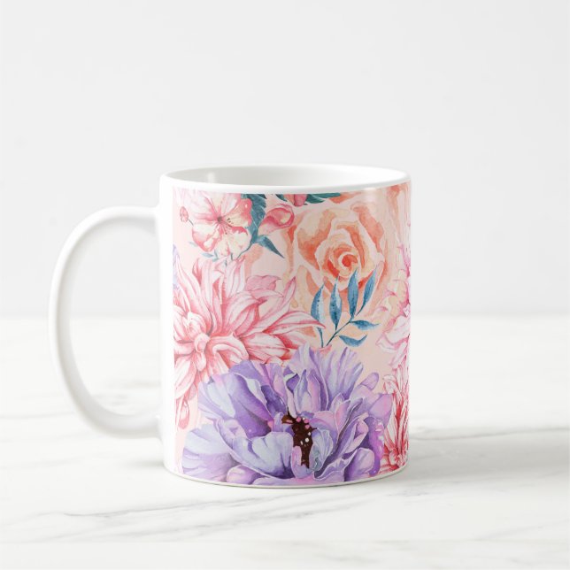 Seamless pattern of chrysanthemum, rose, peony and coffee mug (Left)