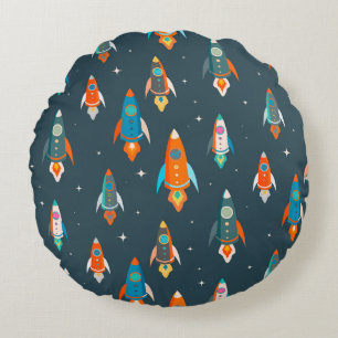 Seamless pattern of colorful rockets in outer spac round pillow