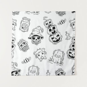 Seamless pattern of halloween icons with hand draw tapestry