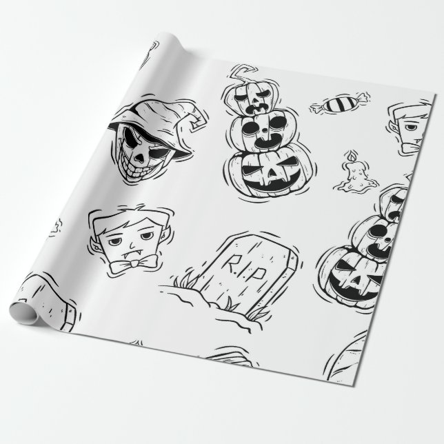 Seamless pattern of halloween icons with hand draw wrapping paper (Unrolled)