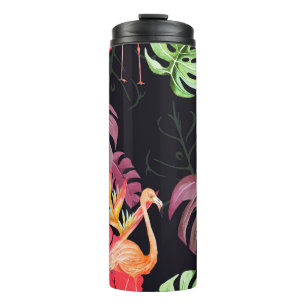 Seamless pattern of hibiscus flower,  flamingos an thermal tumbler