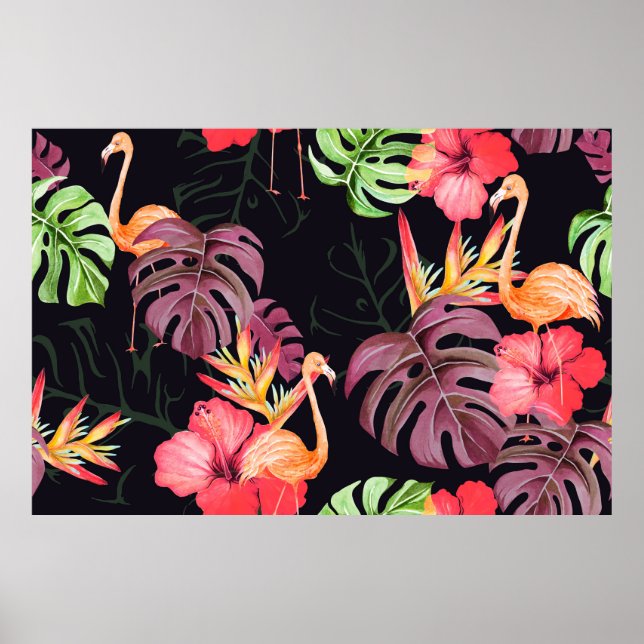 Seamless pattern of hibiscus flower, flamingos and poster (Front)