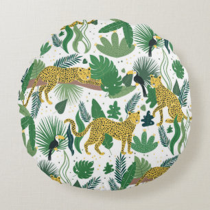 seamless pattern of leopards in jungle. Summer Round Pillow
