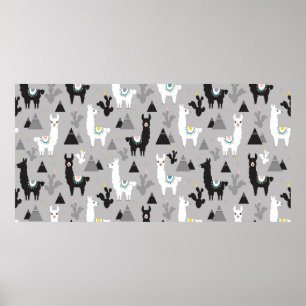 Seamless pattern of llama cactus and mountains poster