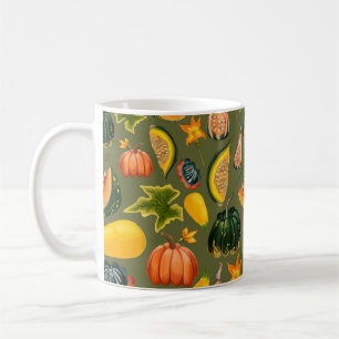 Seamless pattern of pumpkins and leaves on a green coffee mug