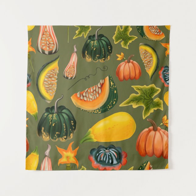 Seamless pattern of pumpkins and leaves on a green tapestry (Front)