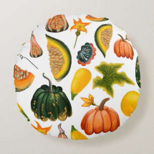 Seamless pattern of pumpkins and leaves on an isol round pillow
