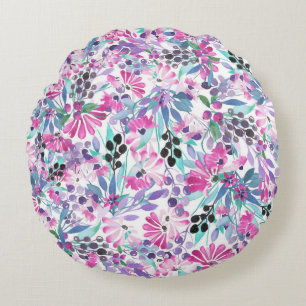 Seamless pattern of purple flowers and berries,blu round pillow