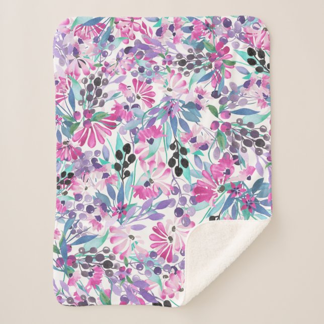 Seamless pattern of purple flowers and berries,blu sherpa blanket (Front)