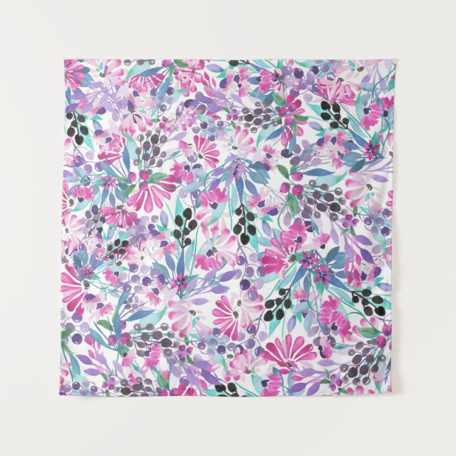 Seamless pattern of purple flowers and berries,blu tapestry (Front)