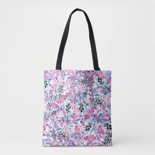 Seamless pattern of purple flowers and berries,blu tote bag (Front)