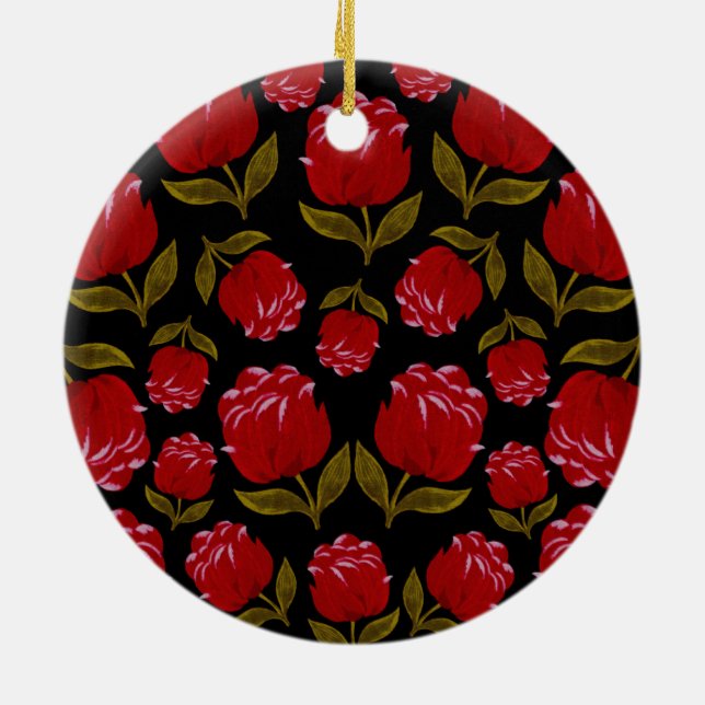 Seamless pattern of red roses on black background ceramic ornament (Back)