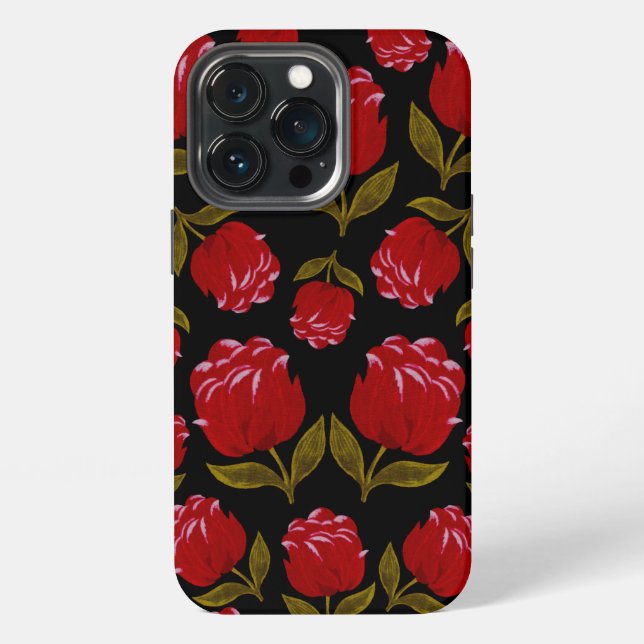 Seamless pattern of red roses on black background  iPhone case (Back)