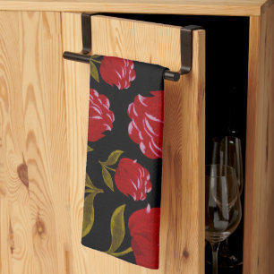 Seamless pattern of red roses on black background kitchen towel
