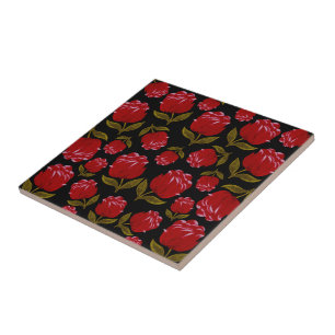 Seamless pattern of red roses on black background tile