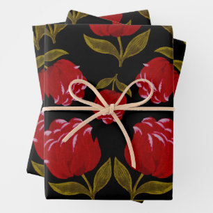 Seamless pattern of red roses on black background wrapping paper sheet