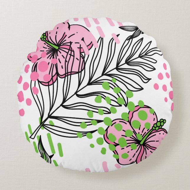 Seamless pattern of tropical elements,  hand-drawn round pillow (Front)