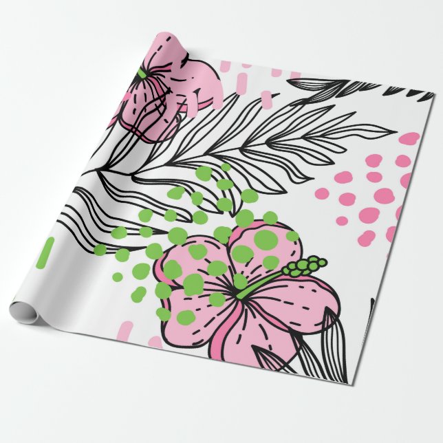 Seamless pattern of tropical elements,  hand-drawn wrapping paper (Unrolled)