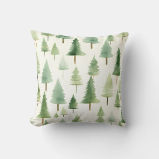 Seamless Pattern of Water coloured Pine Tree Fores Throw Pillow