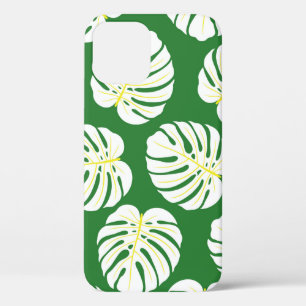 Seamless pattern of white monstera leaves on a dar iPhone 12 case