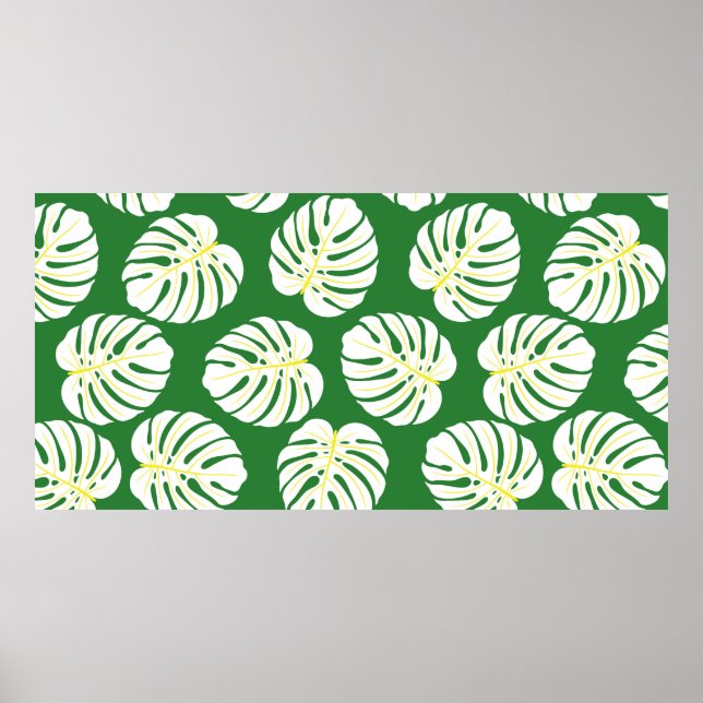 Seamless pattern of white monstera leaves on a dar poster (Front)