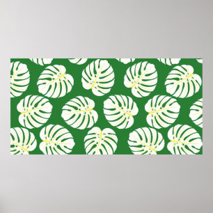 Seamless pattern of white monstera leaves on a dar poster
