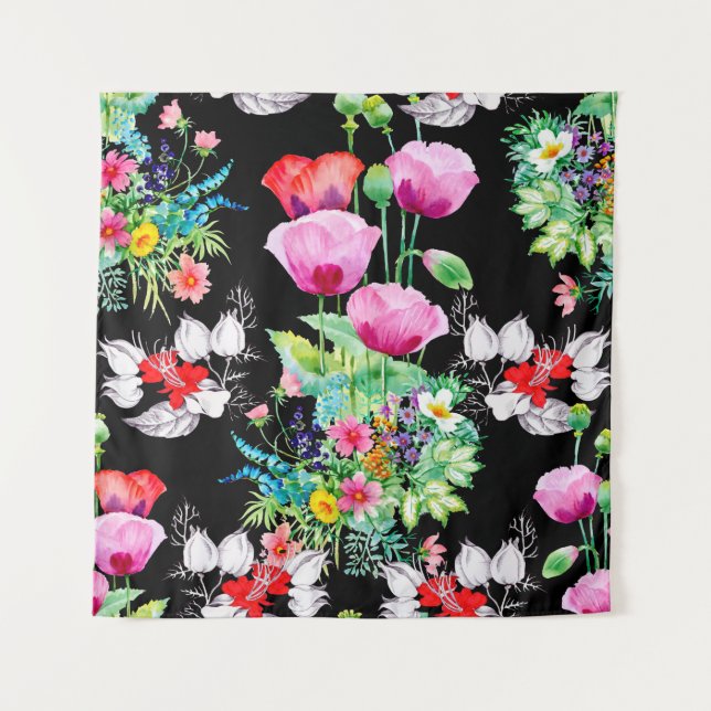 Seamless pattern on black background. Colorful ill Tapestry (Front)