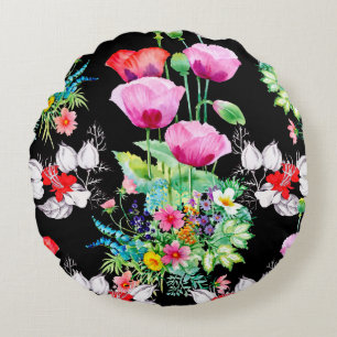 Seamless pattern on black background. Colourful il Round Pillow
