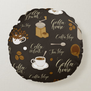 Seamless pattern on tea and coffee theme in retro round pillow