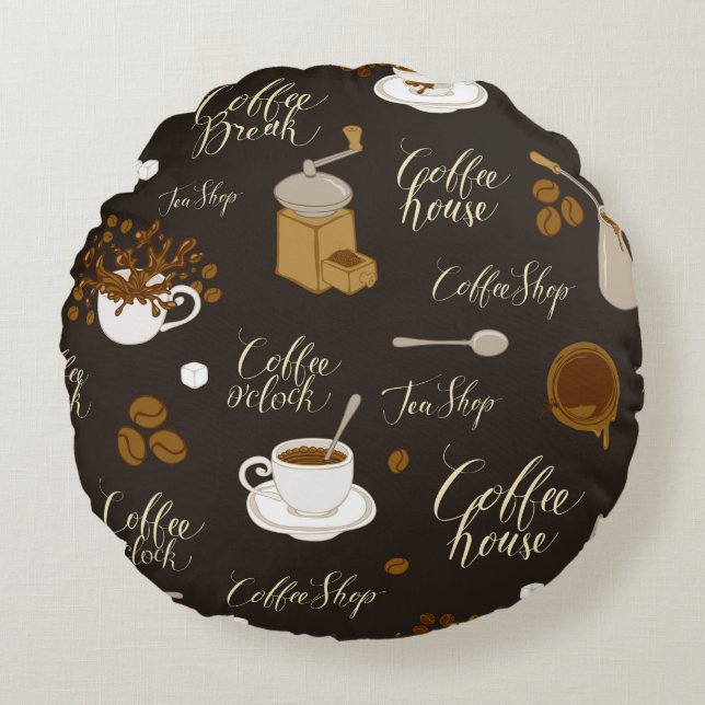 Seamless pattern on tea and coffee theme in retro  round pillow (Front)
