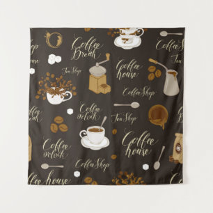Seamless pattern on tea and coffee theme in retro tapestry
