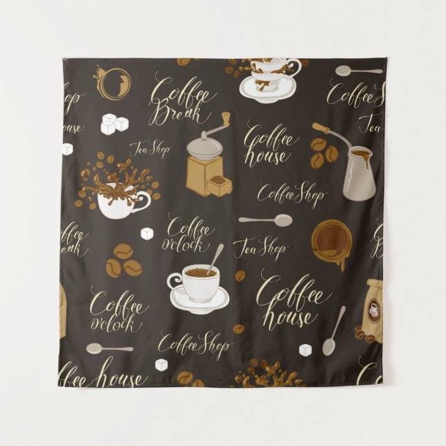 Seamless pattern on tea and coffee theme in retro  tapestry (Front)