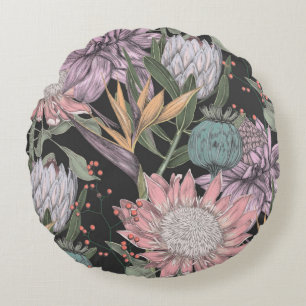 Seamless pattern paradise tropical flowers sketch, round pillow