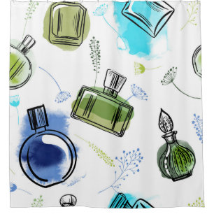 Seamless pattern parfum bottle and watercolor text