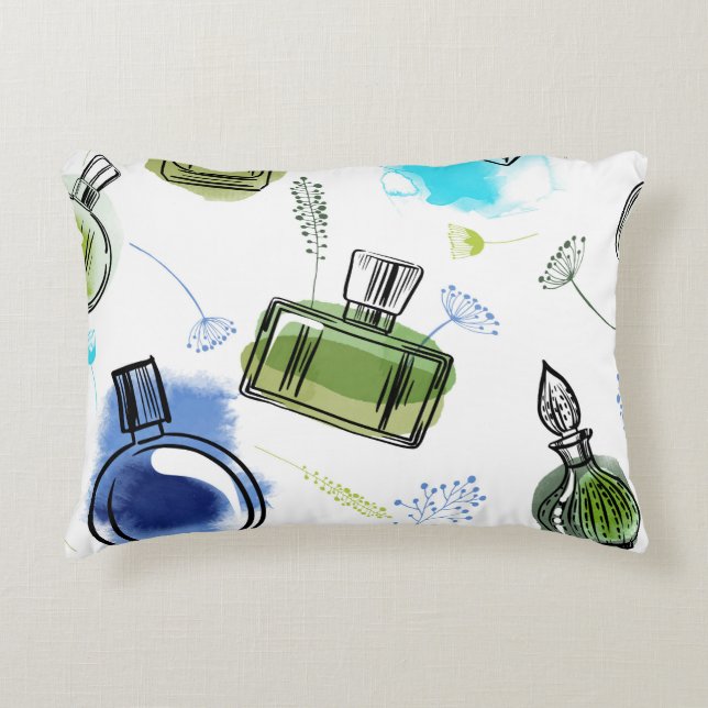 Seamless pattern parfum bottle and watercolor text accent pillow (Front)