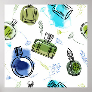 Seamless pattern parfum bottle and watercolor text poster