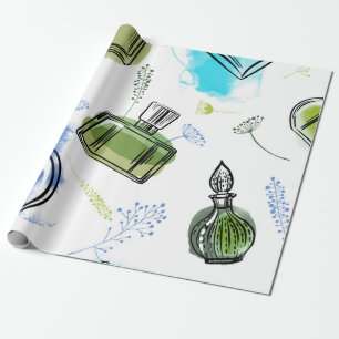 Seamless pattern parfum bottle and watercolor text wrapping paper