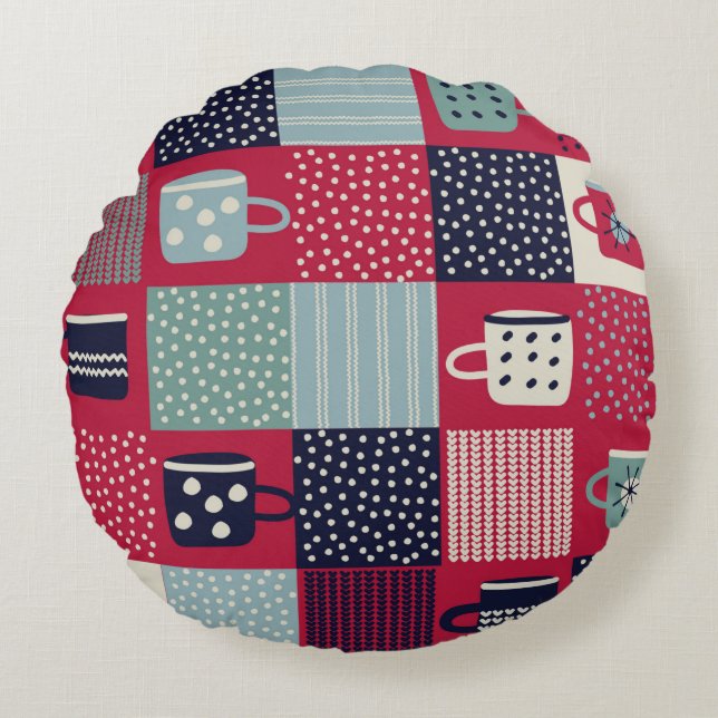 Seamless pattern, patchwork with hand drawn cups,  round pillow (Front)
