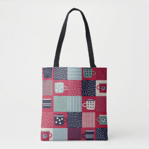 Seamless pattern, patchwork with hand drawn cups, tote bag