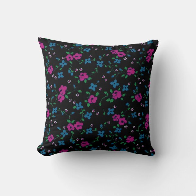 Seamless Pattern Pink blue flowers, green leaves Throw Pillow (Front)