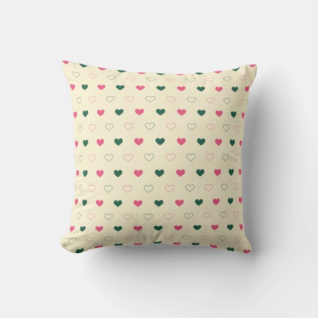Seamless Pattern - Pink & Green Hearts on Cream Throw Pillow (Front)