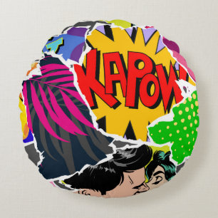 Seamless pattern pop art comics style. Collage of  Round Pillow