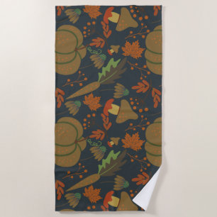 Seamless pattern Pumpkin & carrot dark background Beach Towel