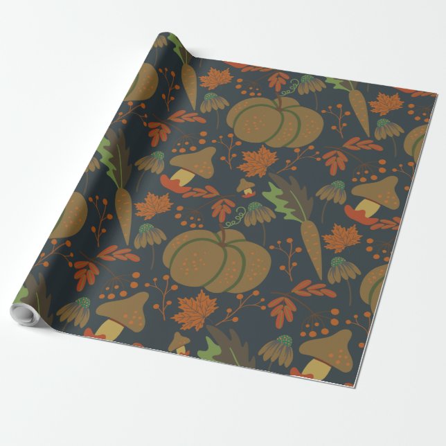 Seamless pattern Pumpkin & carrot dark background Wrapping Paper (Unrolled)