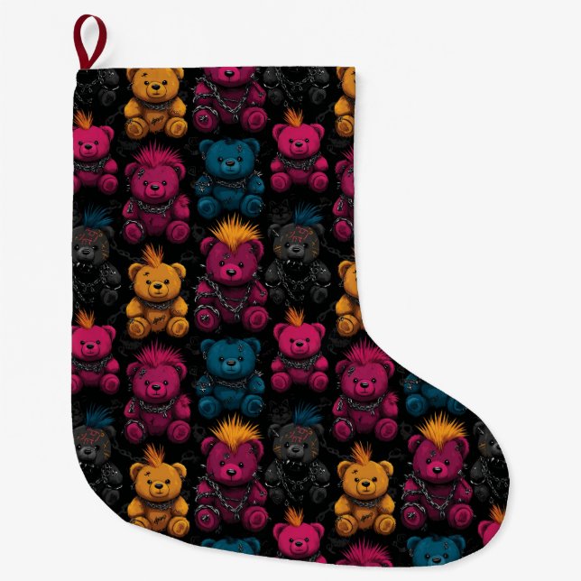 Seamless Pattern Rebellious Punk Rock Teddies Large Christmas Stocking (Front)