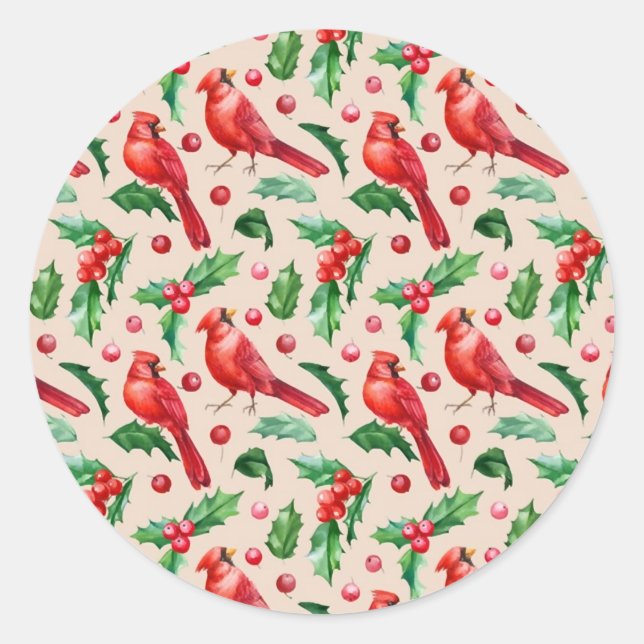 Seamless pattern red cardinal birds  classic round sticker (Front)