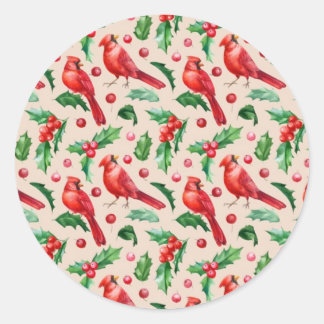 Seamless pattern red cardinal birds  classic round sticker